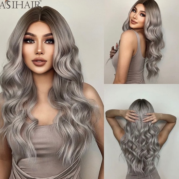 Other - Long Wavy gray Synthetic Wigs Natural Middle Hair Wigs